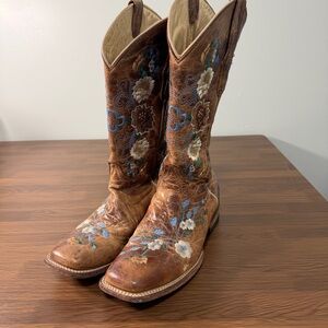 Alfa Embroidered Floral Western Square Toe Cowboy Boots Sz 8 Wide